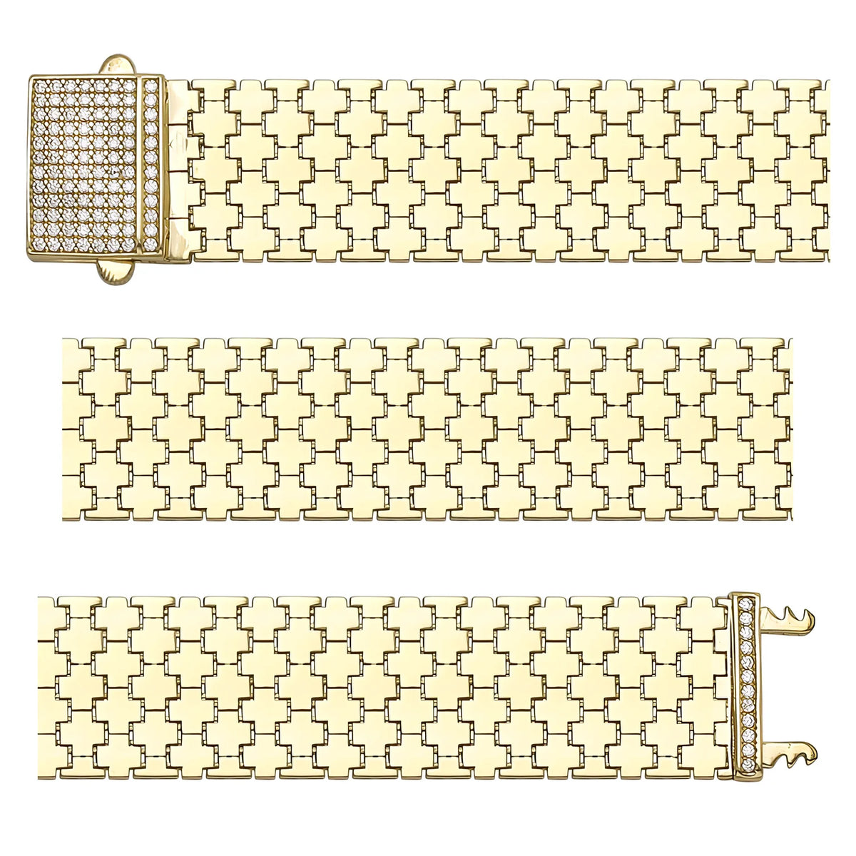 Solid gold brick link bracelet, 23.25 g — shown in three rows across the frame.