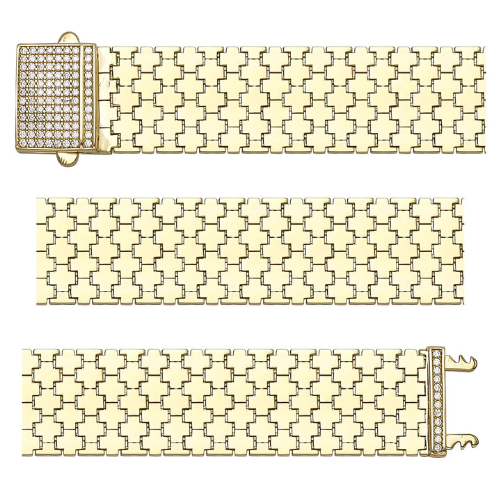 Solid gold brick link bracelet, 23.25 g — shown in three rows across the frame.