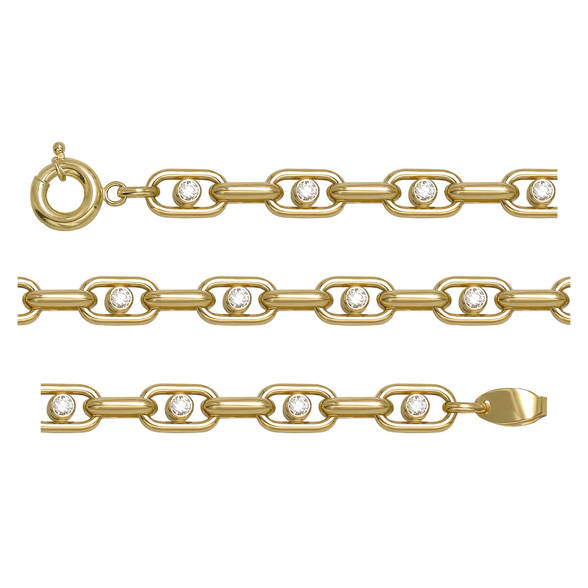 Solid gold fancy link bracelet, 9.30 g — shown in three rows across the frame.