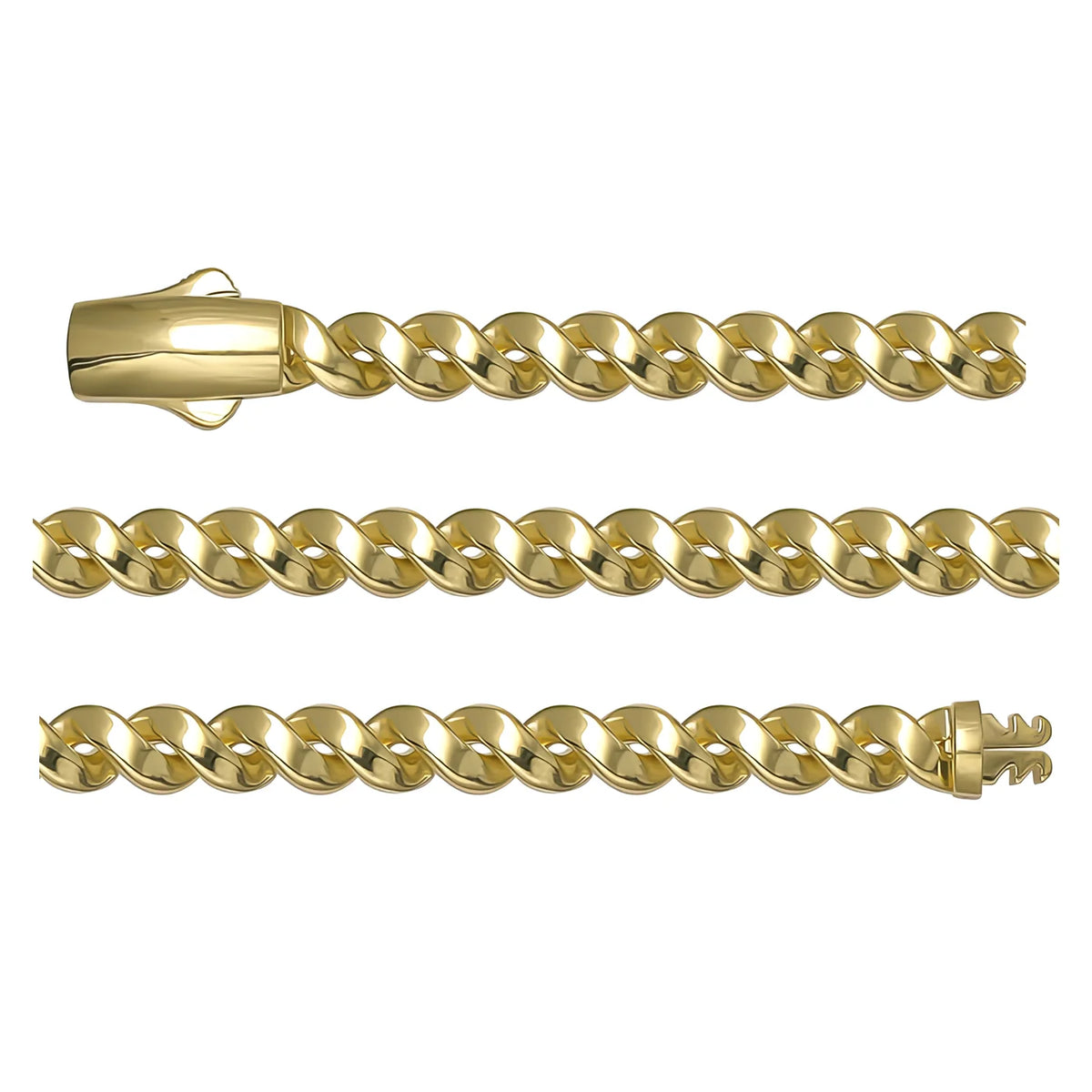 Solid gold curb bracelet, 8.35 g — shown in three rows across the frame.