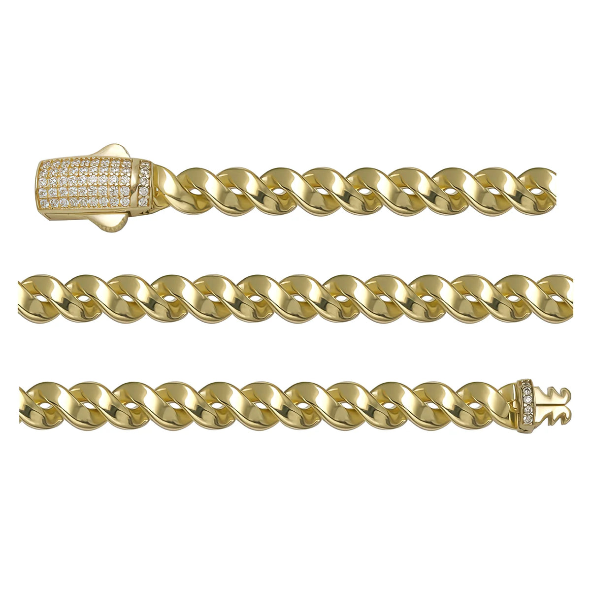 Solid gold curb bracelet, 9.10 g — shown in three rows across the frame.