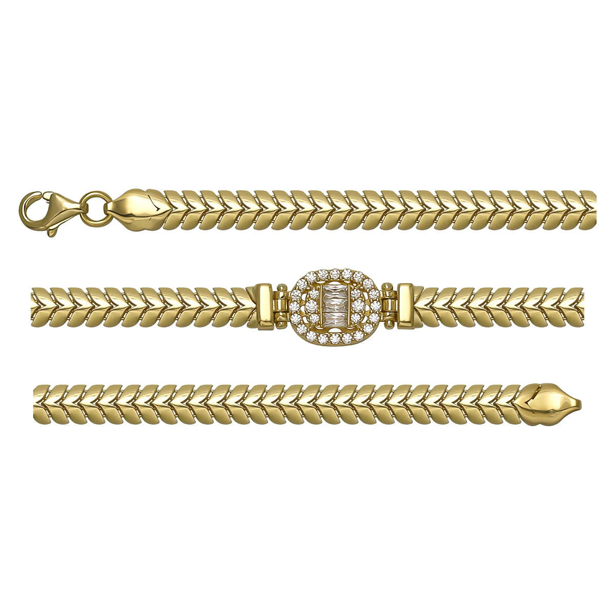 Solid gold herringbone bracelet, 7.45 g — shown in three rows across the frame.