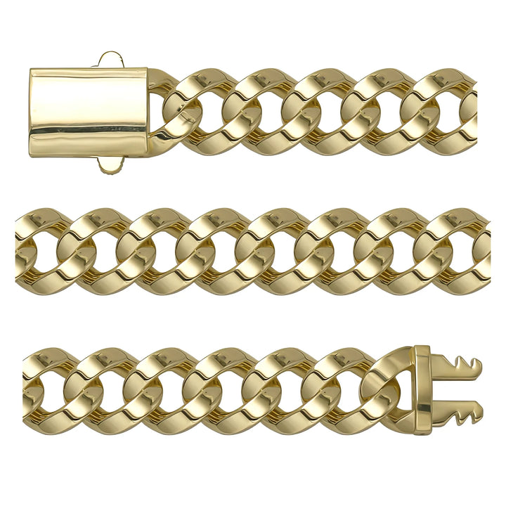Solid gold curb bracelet, 18.50 g — shown in three rows across the frame.