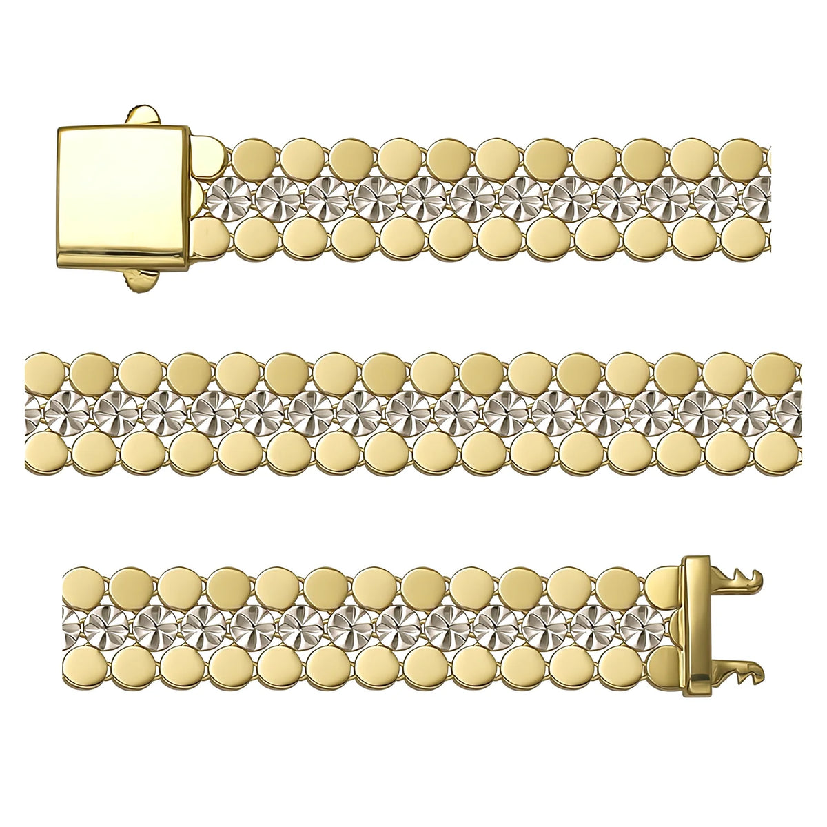 Solid gold fancy link bracelet, 15.00 g — shown in three rows across the frame.