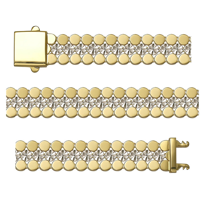 Solid gold fancy link bracelet, 15.00 g — shown in three rows across the frame.