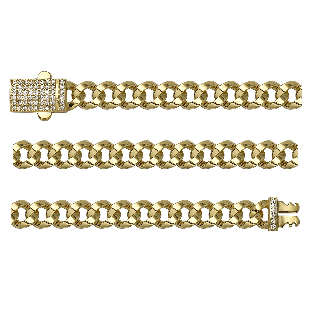 Solid gold curb bracelet, 9.70 g — shown in three rows across the frame.