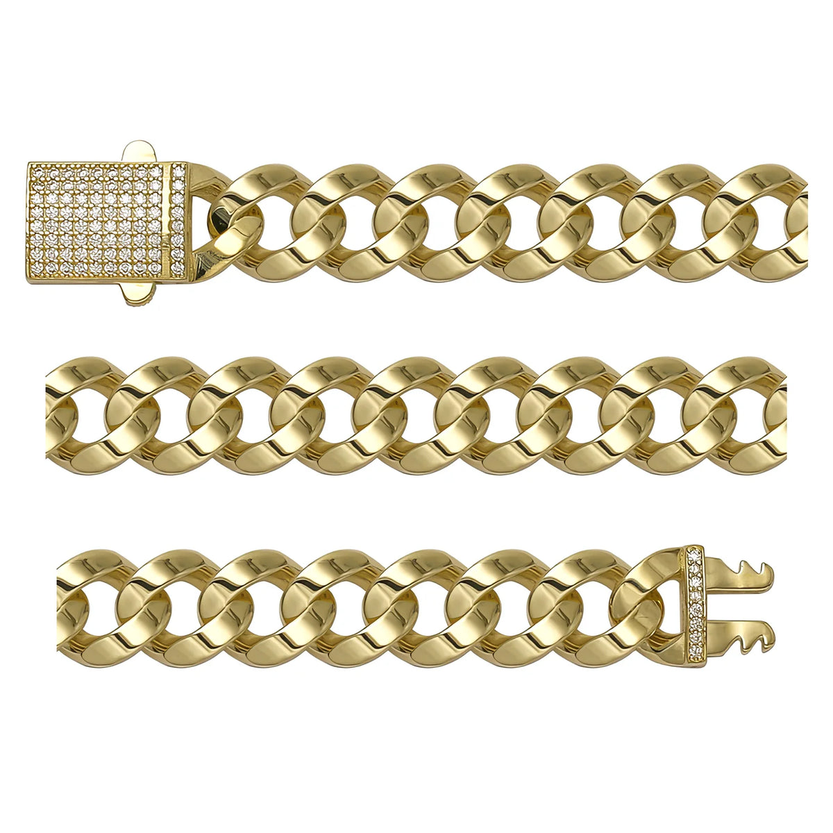 Solid gold curb bracelet, 16.10 g — shown in three rows across the frame.