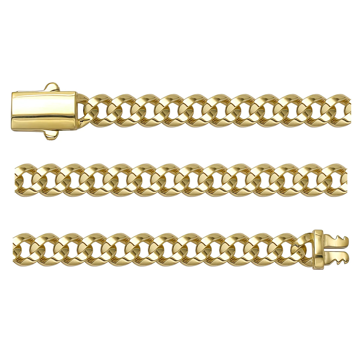 Solid gold curb bracelet, 8.80 g — shown in three rows across the frame.