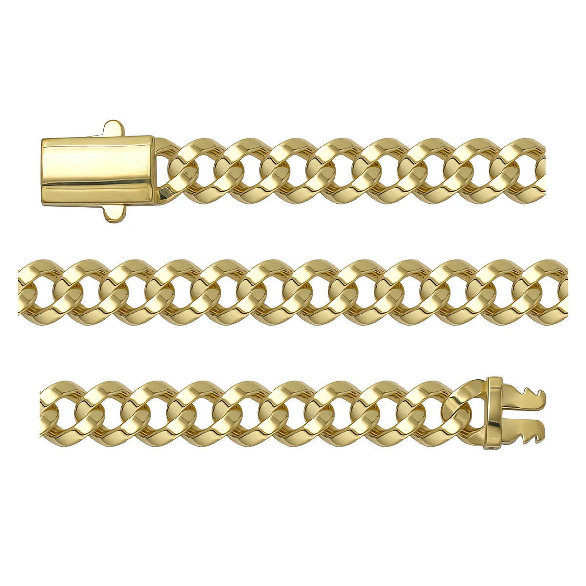 Solid gold curb bracelet, 12.35 g — shown in three rows across the frame.