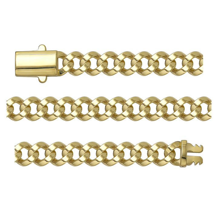 Solid gold curb bracelet, 12.35 g — shown in three rows across the frame.