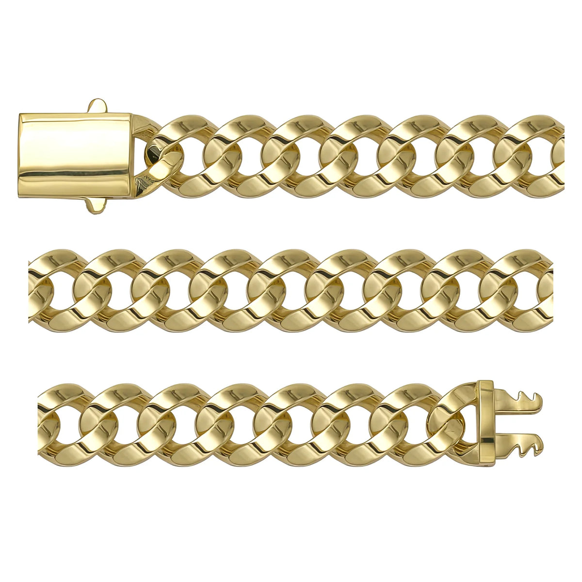 Solid gold curb bracelet, 14.00 g — shown in three rows across the frame.
