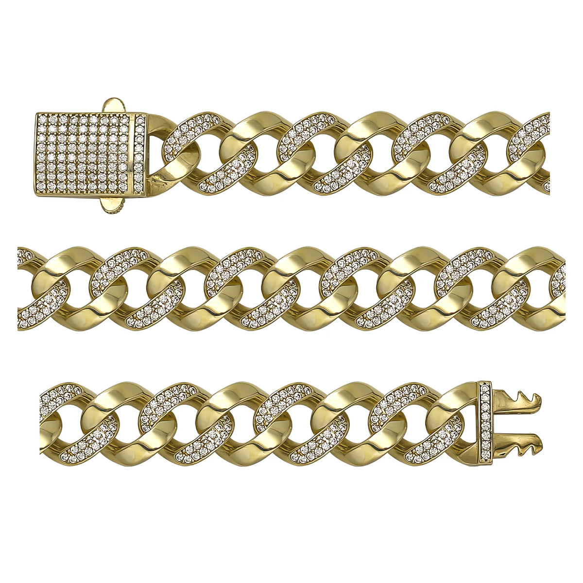 Solid gold curb bracelet, 16.60 g — shown in three rows across the frame.