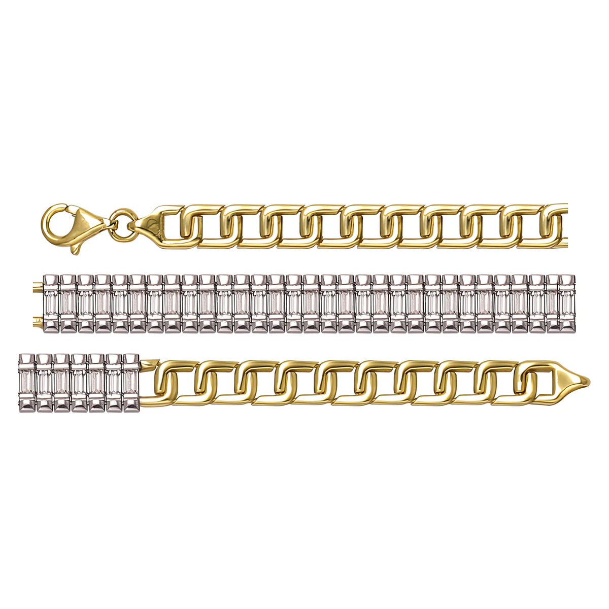 Solid gold tennis bracelet, 10.60 g — shown in three rows across the frame.