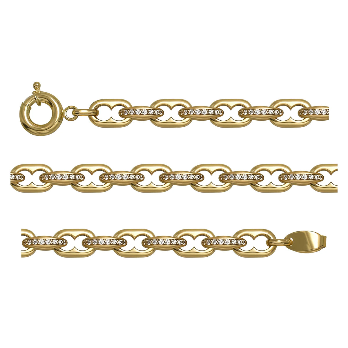 Solid gold mariner bracelet, 10.60 g — shown in three rows across the frame.