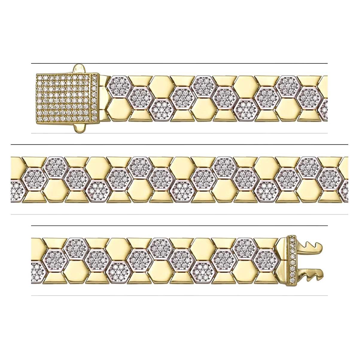 Solid gold honeycomb bracelet, 17.65 g — shown in three rows across the frame.