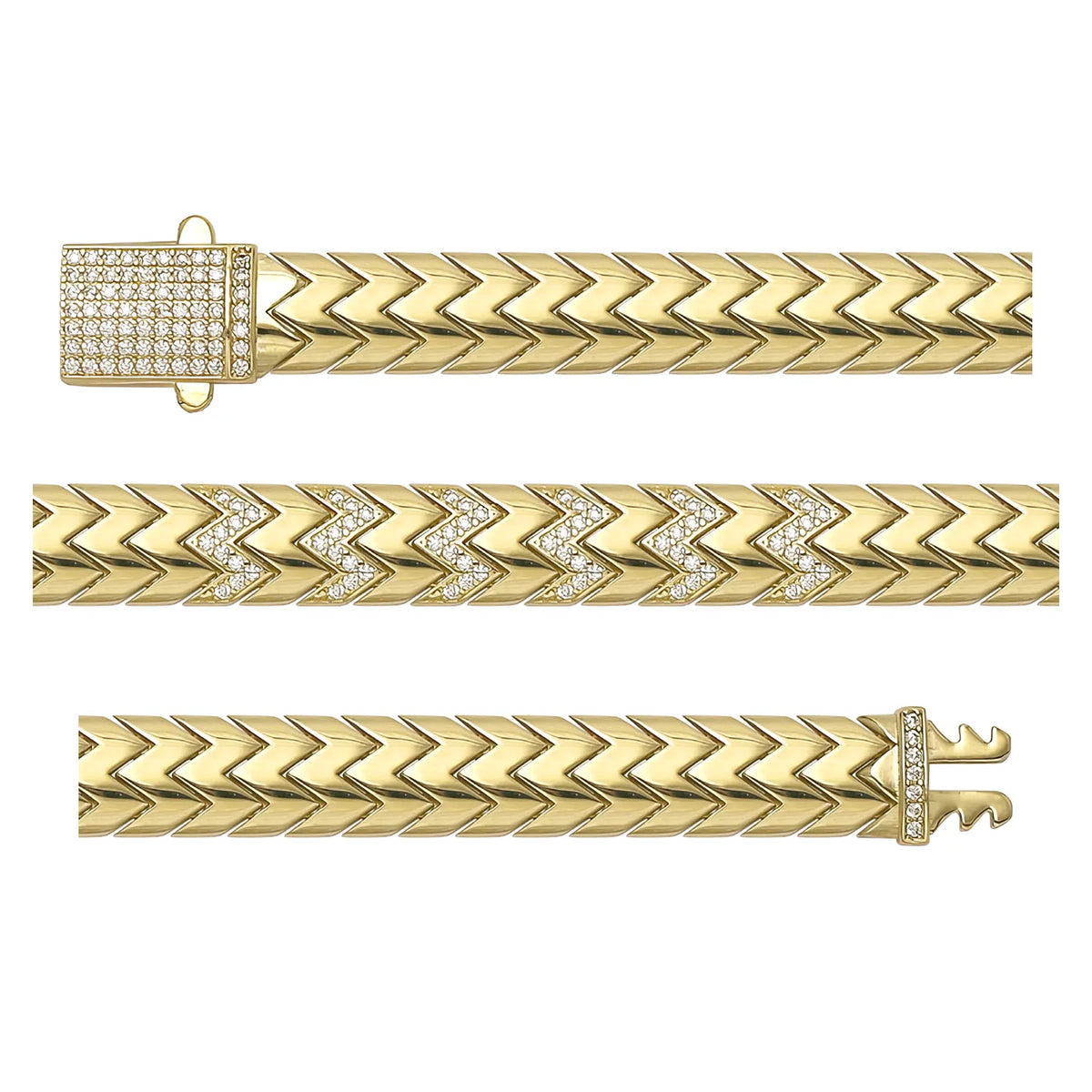 Solid gold herringbone bracelet, 14.80 g — shown in three rows across the frame.
