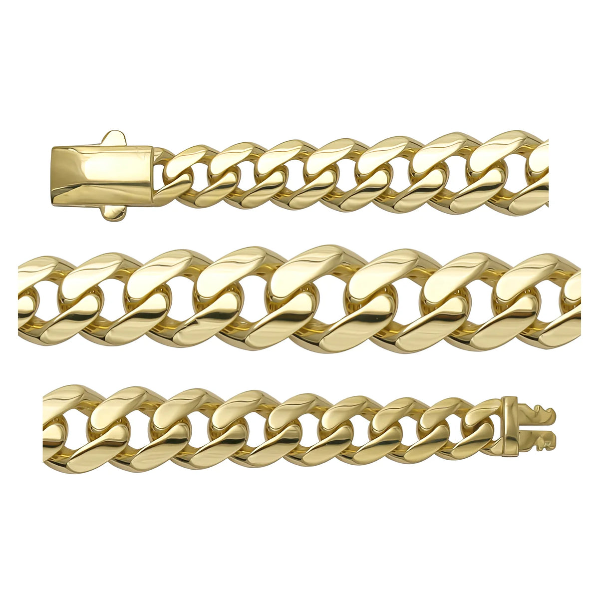 Solid gold curb bracelet, 14.25 g — shown in three rows across the frame.