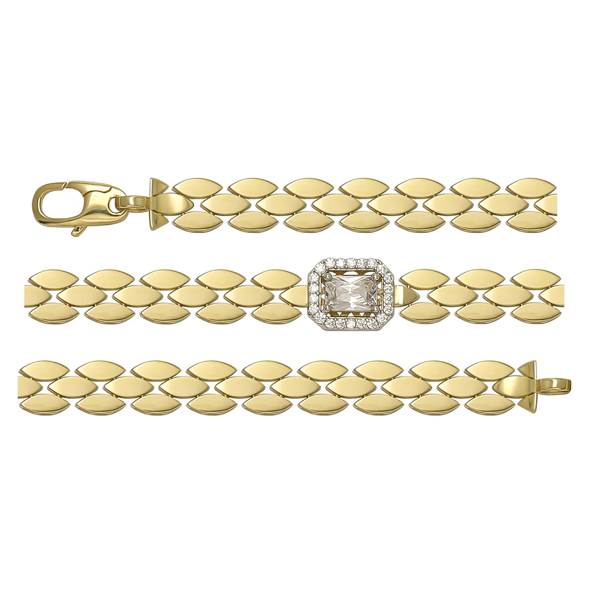 Solid gold fancy link bracelet, 6.75 g — shown in three rows across the frame.