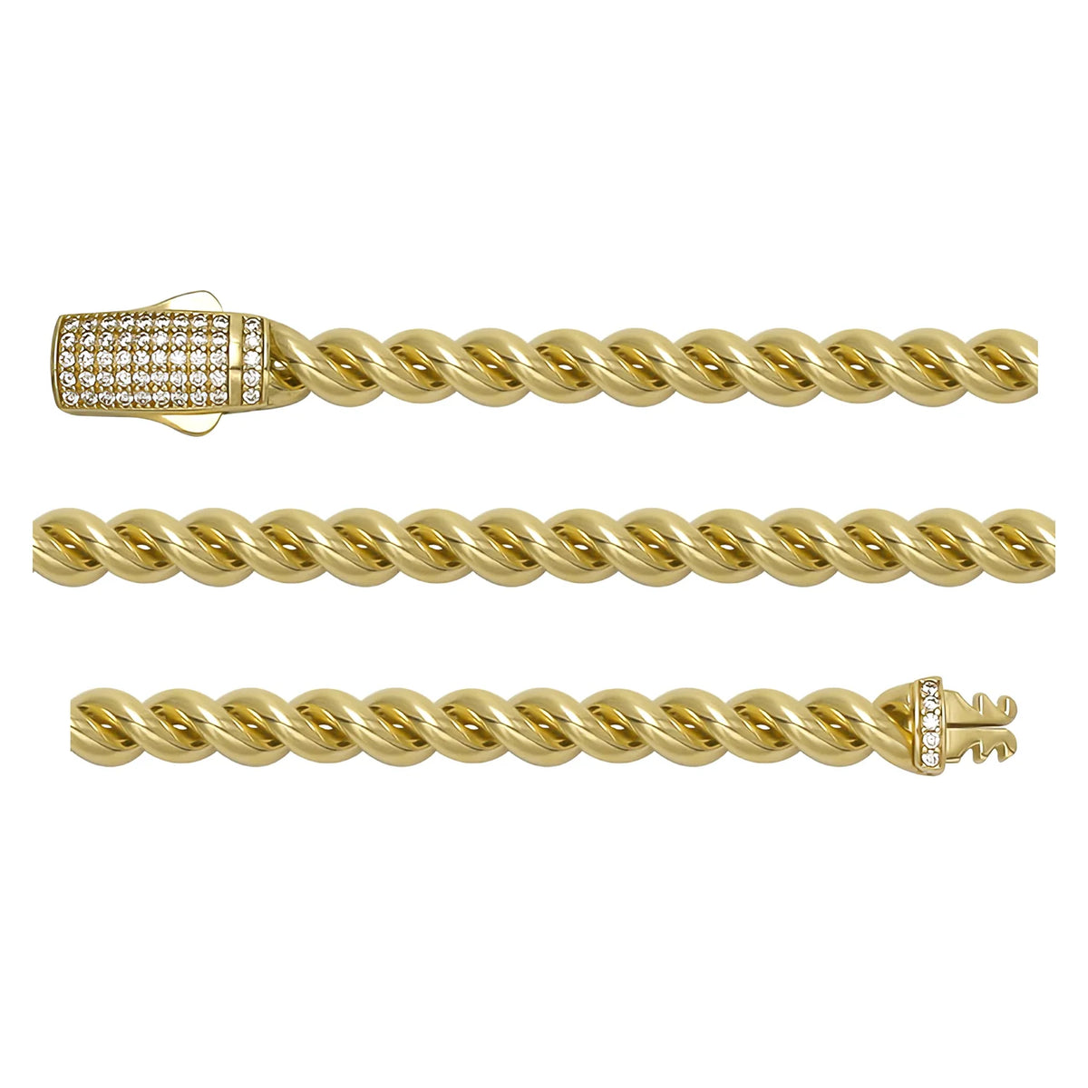 Solid gold curb bracelet, 10.80 g — shown in three rows across the frame.