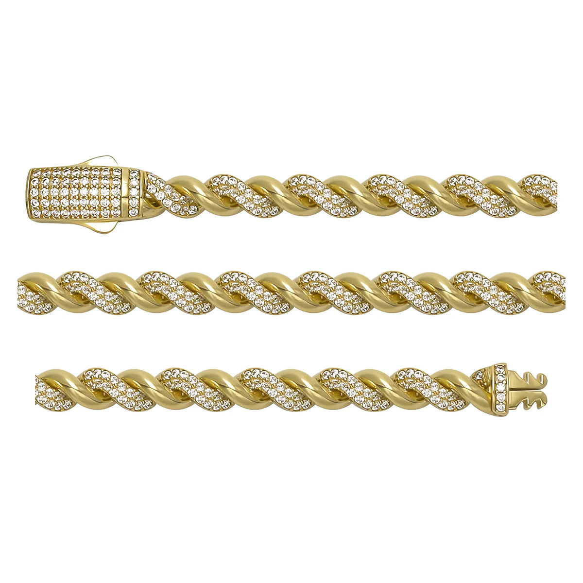 Solid gold curb bracelet, 11.80 g — shown in three rows across the frame.