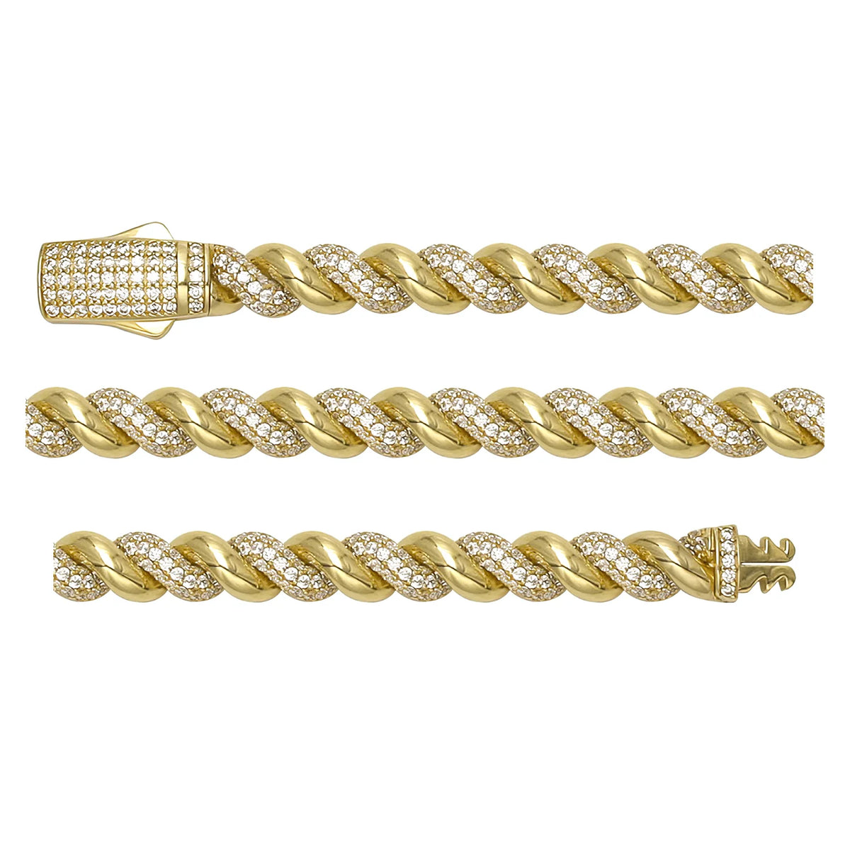 Solid gold curb bracelet, 15.50 g — shown in three rows across the frame.