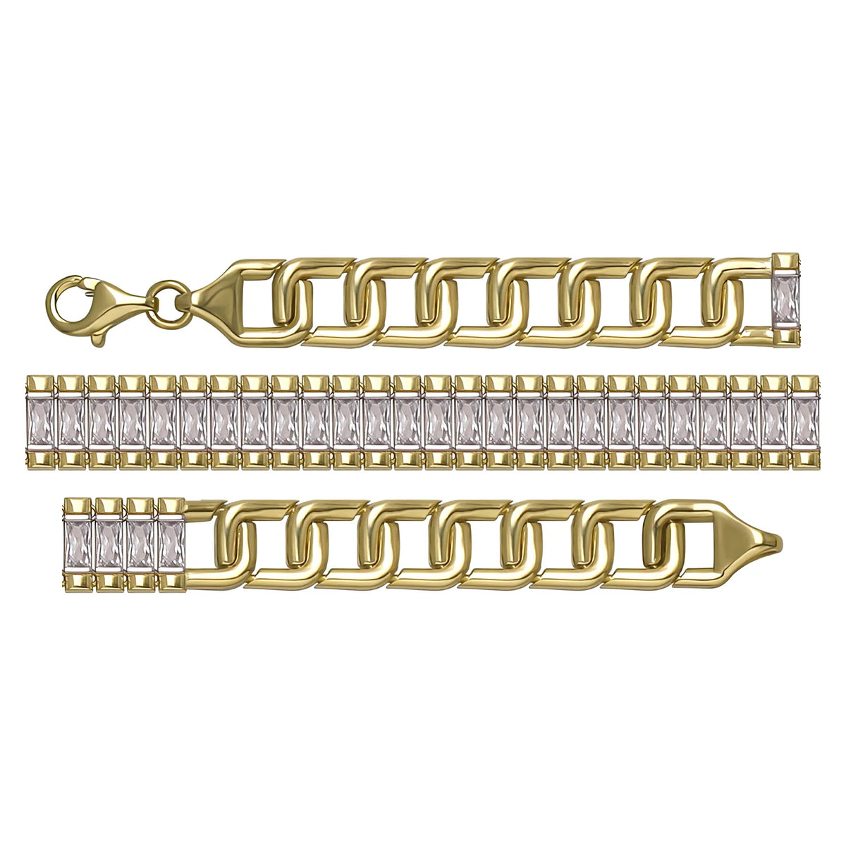 Solid gold tennis bracelet, 10.50 g — shown in three rows across the frame.