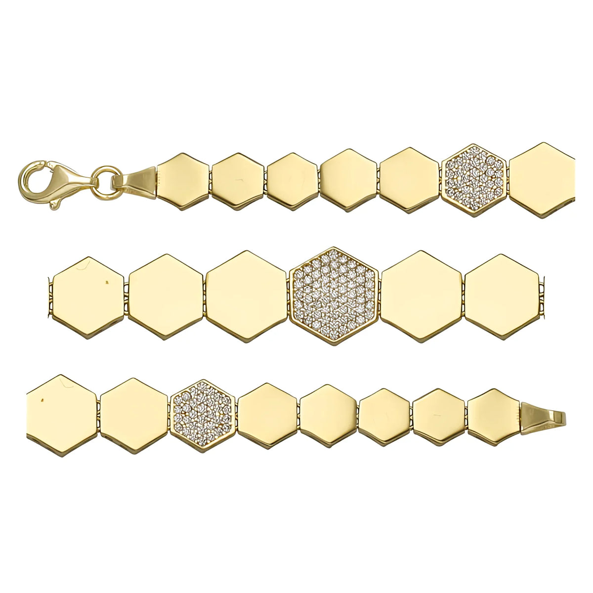 Solid gold honeycomb bracelet, 11.45 g — shown in three rows across the frame.