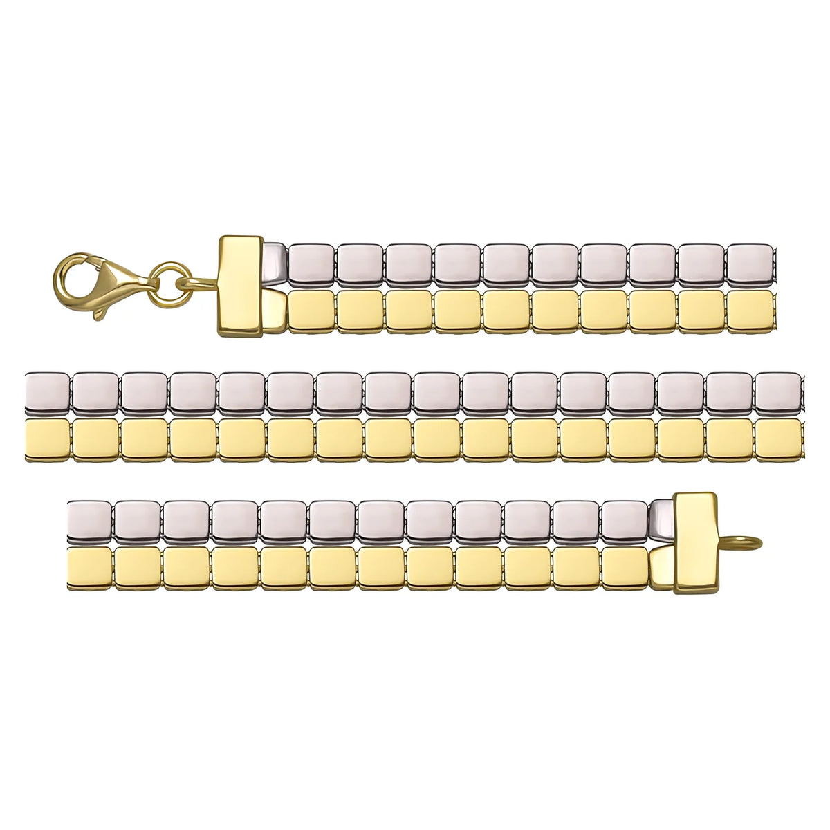 Solid gold brick link bracelet, 7.90 g — shown in three rows across the frame.