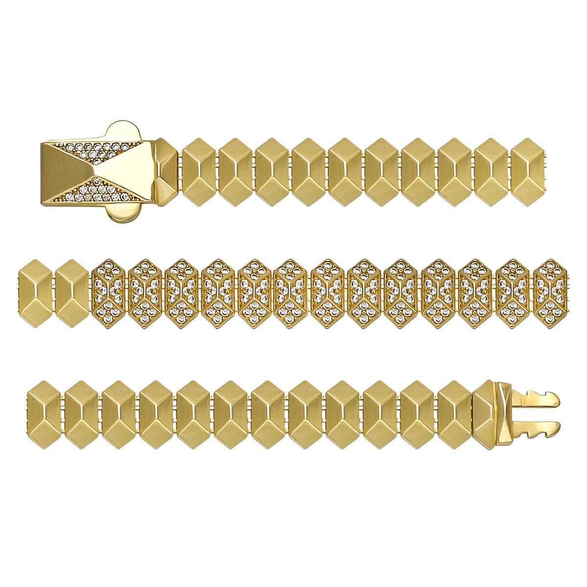 Solid gold fancy link bracelet, 14.00 g — shown in three rows across the frame.