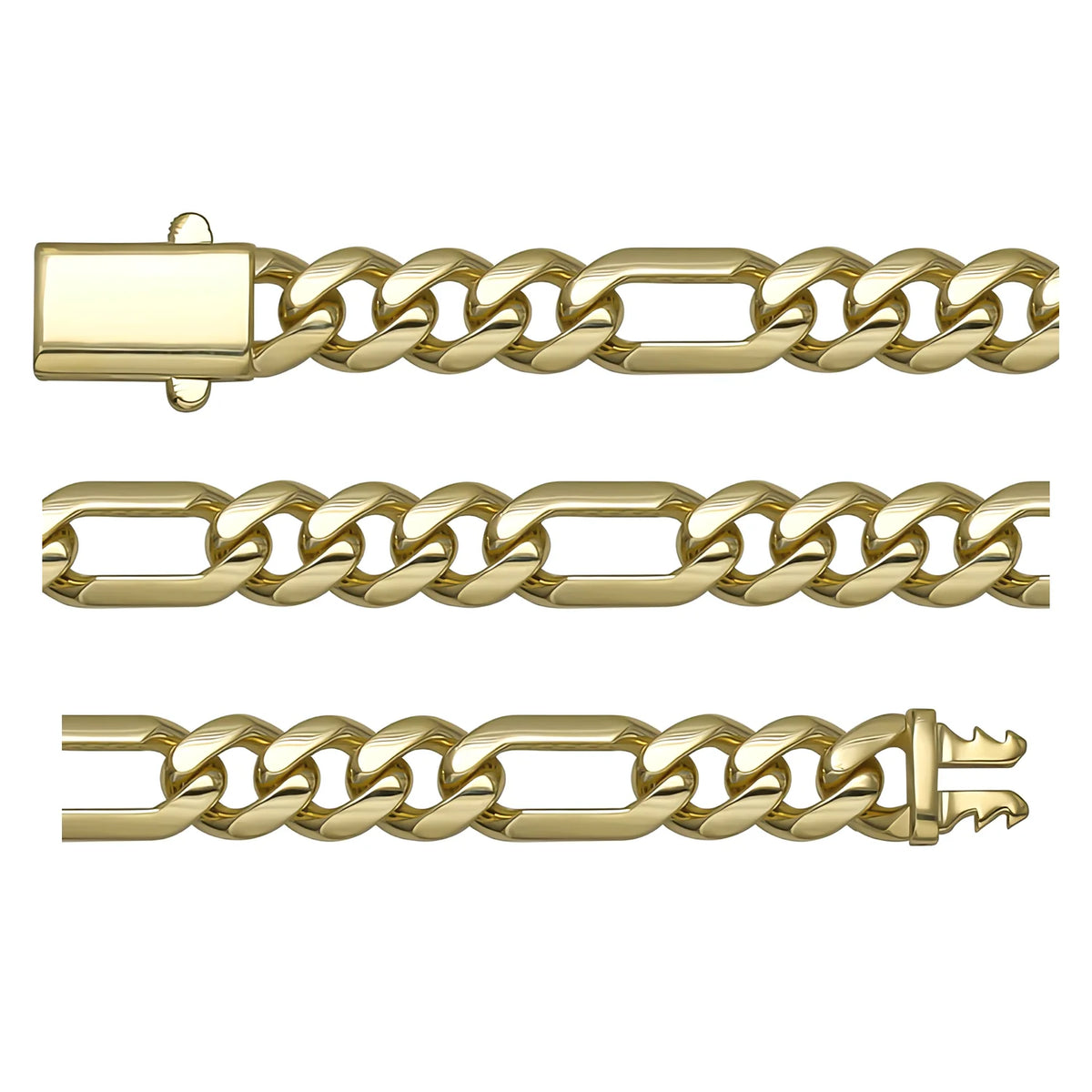 Solid gold curb bracelet, 10.85 g — shown in three rows across the frame.