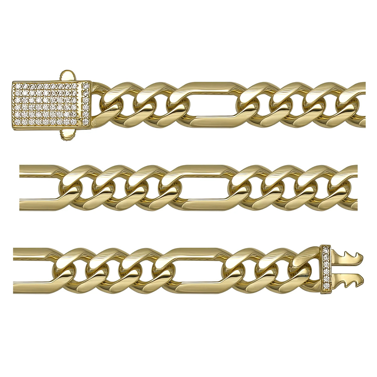 Solid gold curb bracelet, 11.65 g — shown in three rows across the frame.