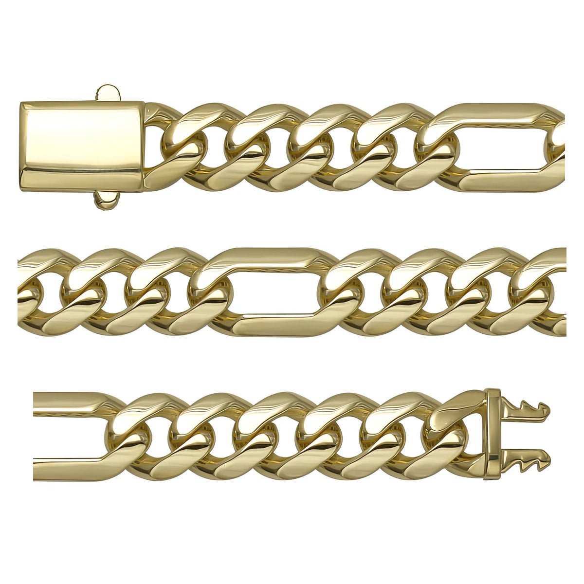 Solid gold curb bracelet, 13.50 g — shown in three rows across the frame.
