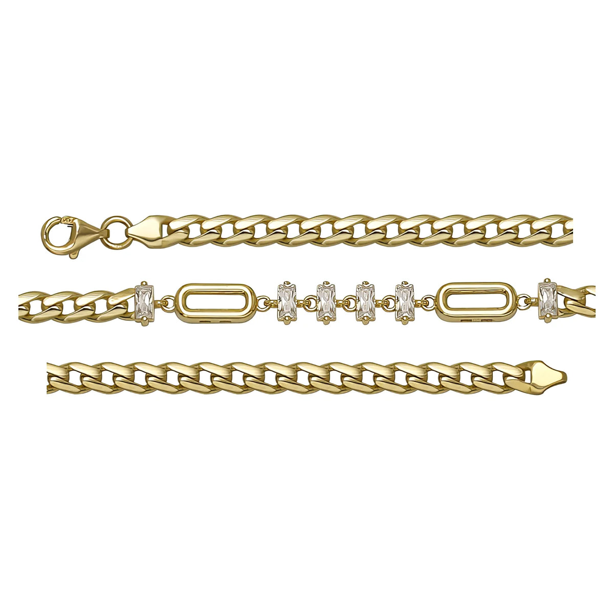 Solid gold fancy link bracelet, 5.15 g — shown in three rows across the frame.