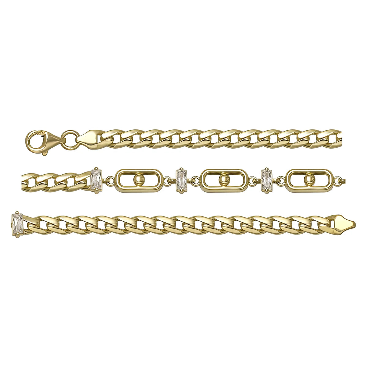 Solid gold fancy link bracelet, 5.05 g — shown in three rows across the frame.