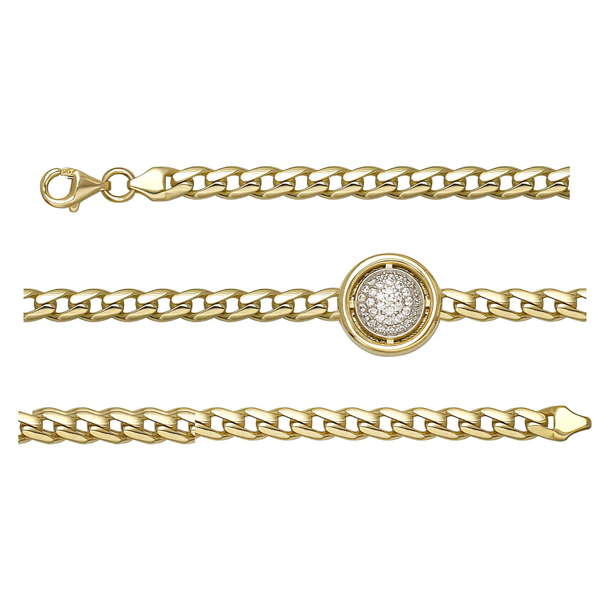 Solid gold curb bracelet, 5.85 g — shown in three rows across the frame.