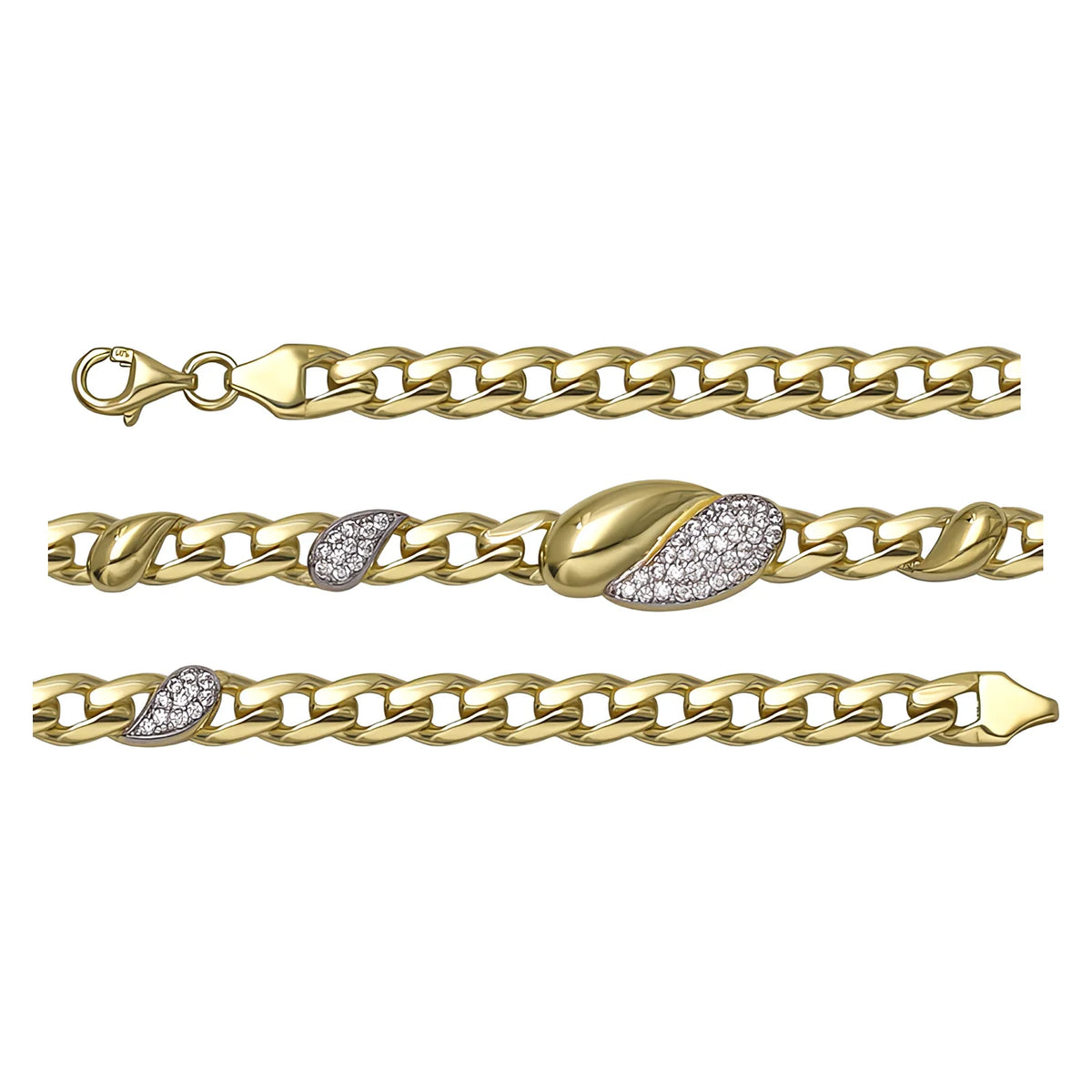 Solid gold curb bracelet, 6.05 g — shown in three rows across the frame.