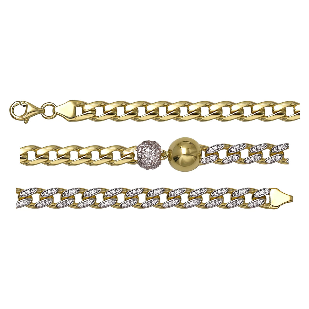 Solid gold curb bracelet, 6.25 g — shown in three rows across the frame.
