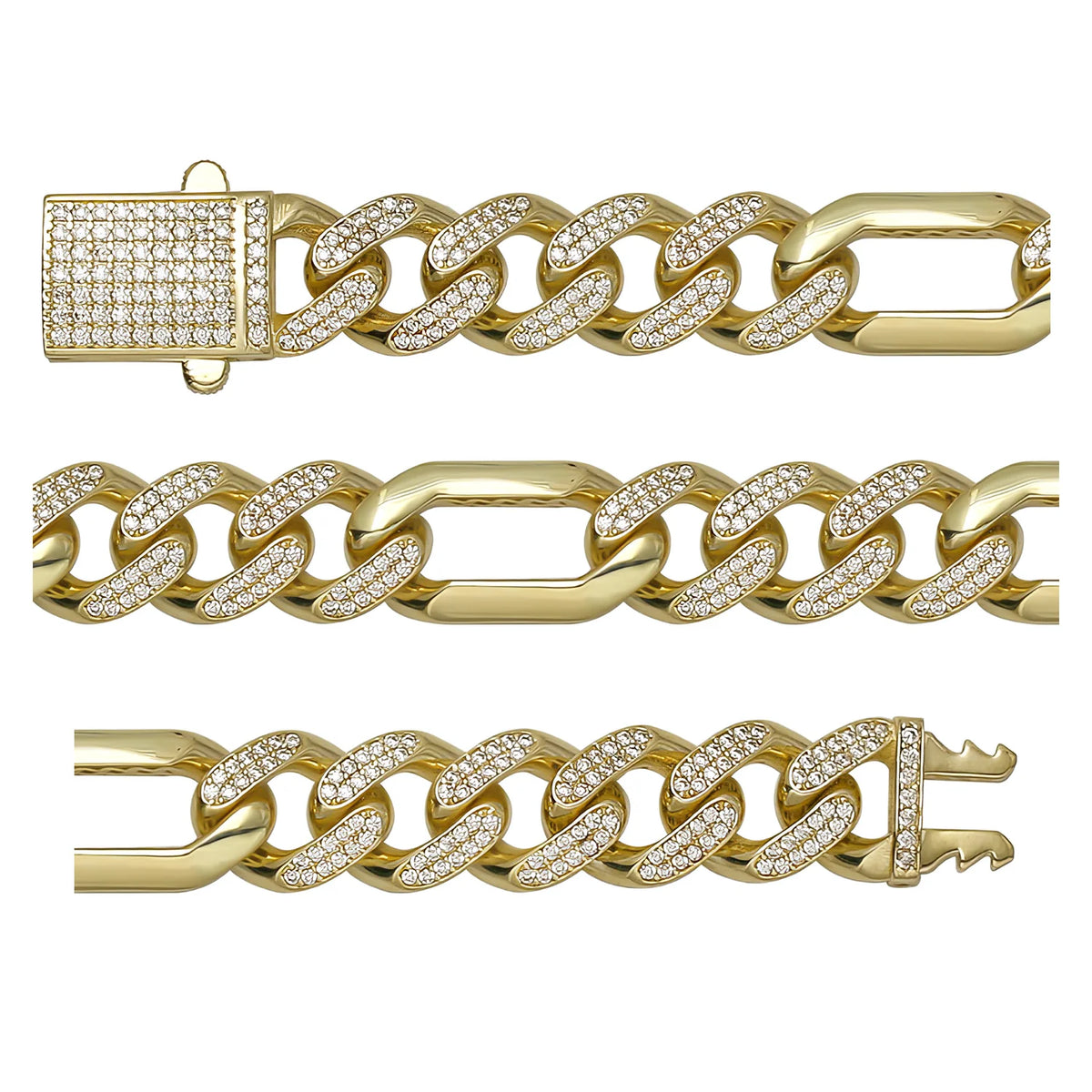 Solid gold curb bracelet, 16.00 g — shown in three rows across the frame.