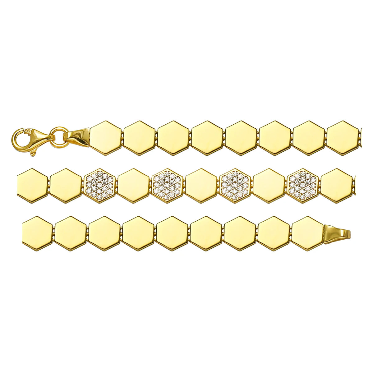 Solid gold honeycomb bracelet, 4.60 g — shown in three rows across the frame.