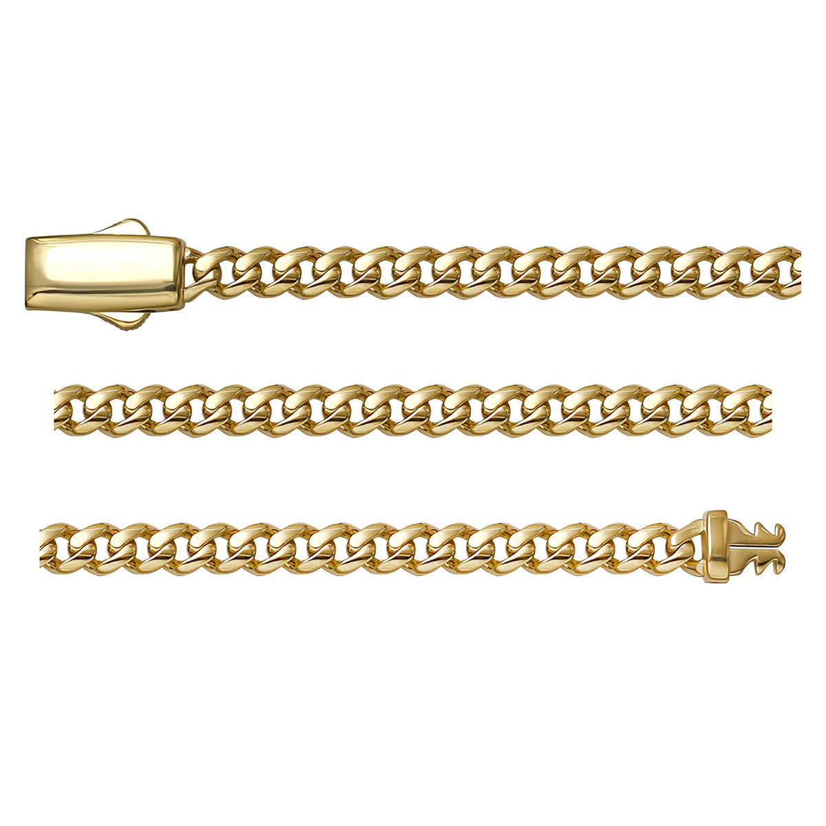 Solid gold curb bracelet, 5.40 g — shown in three rows across the frame.