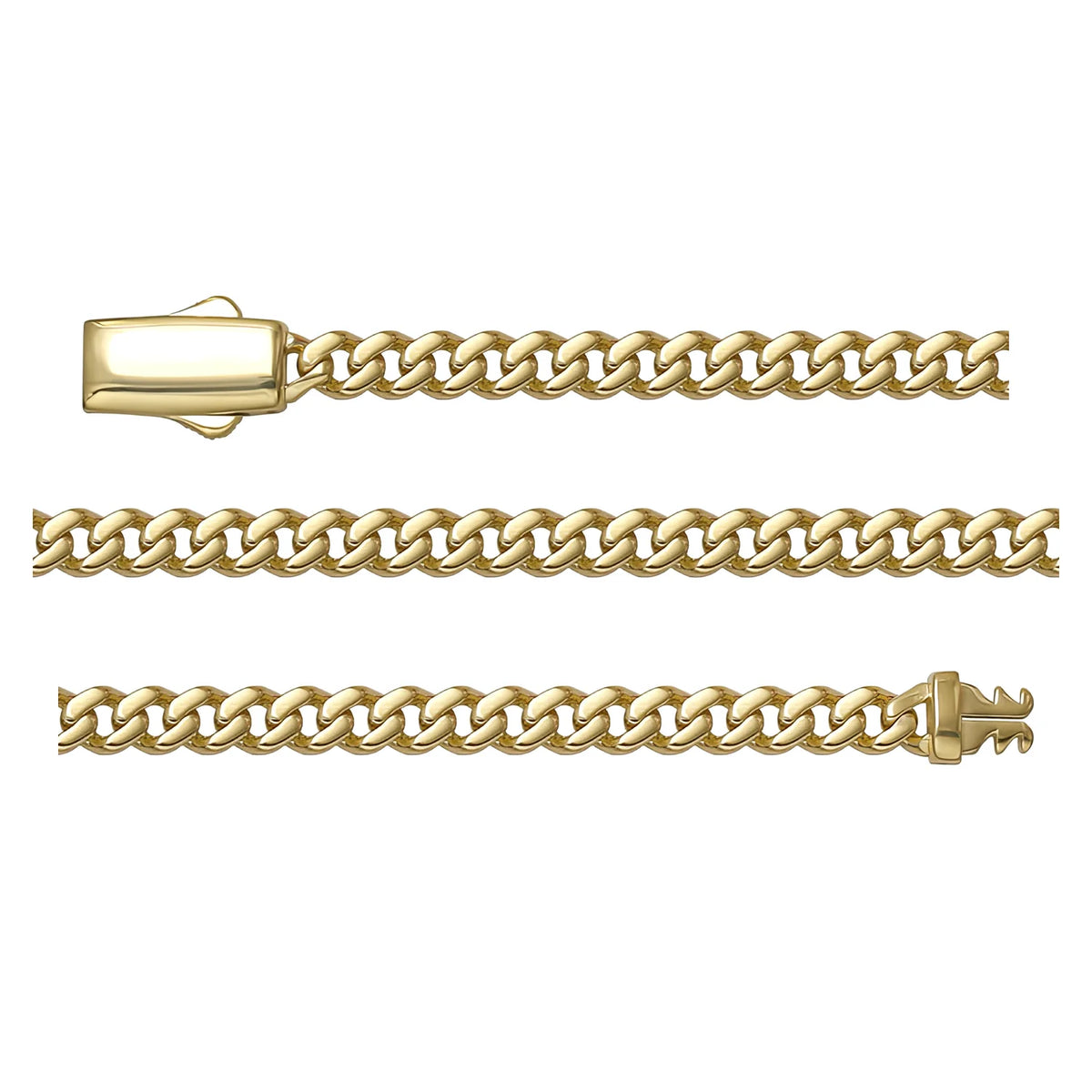 Solid gold curb bracelet, 5.65 g — shown in three rows across the frame.