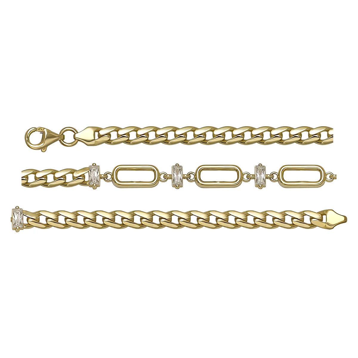 Solid gold fancy link bracelet, 4.95 g — shown in three rows across the frame.