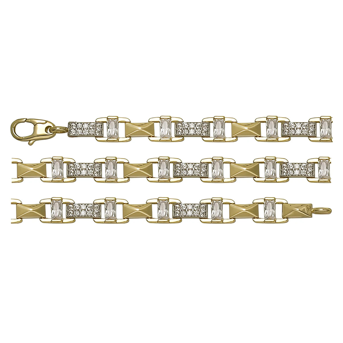 Solid gold fancy link bracelet, 7.20 g — shown in three rows across the frame.
