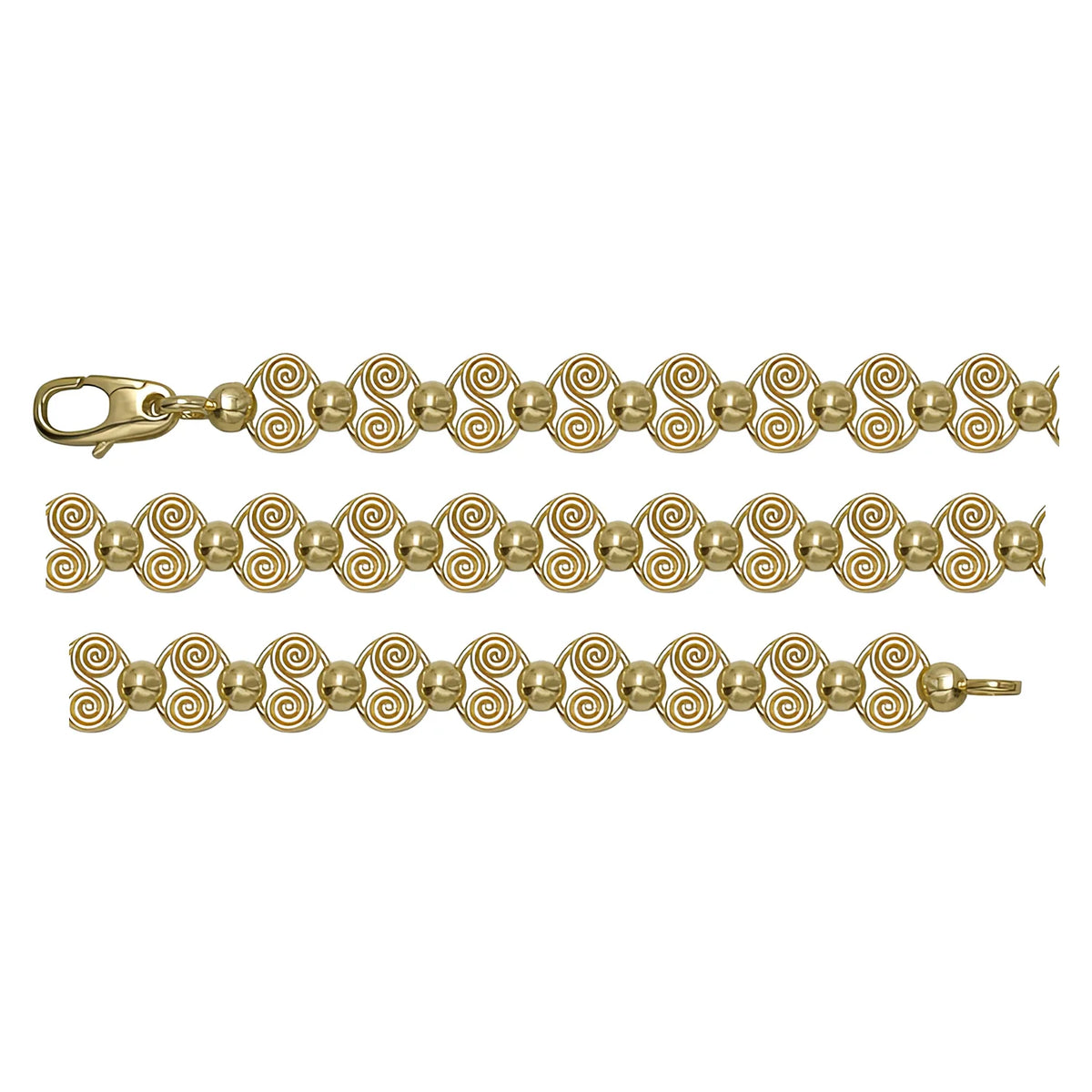 Solid gold fancy link bracelet, 7.35 g — shown in three rows across the frame.