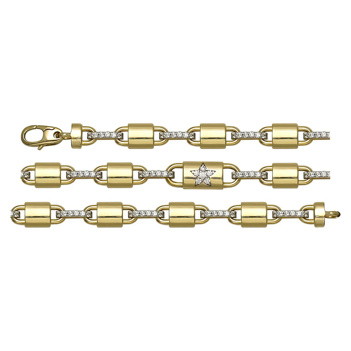 Solid gold fancy link bracelet, 7.85 g — shown in three rows across the frame.