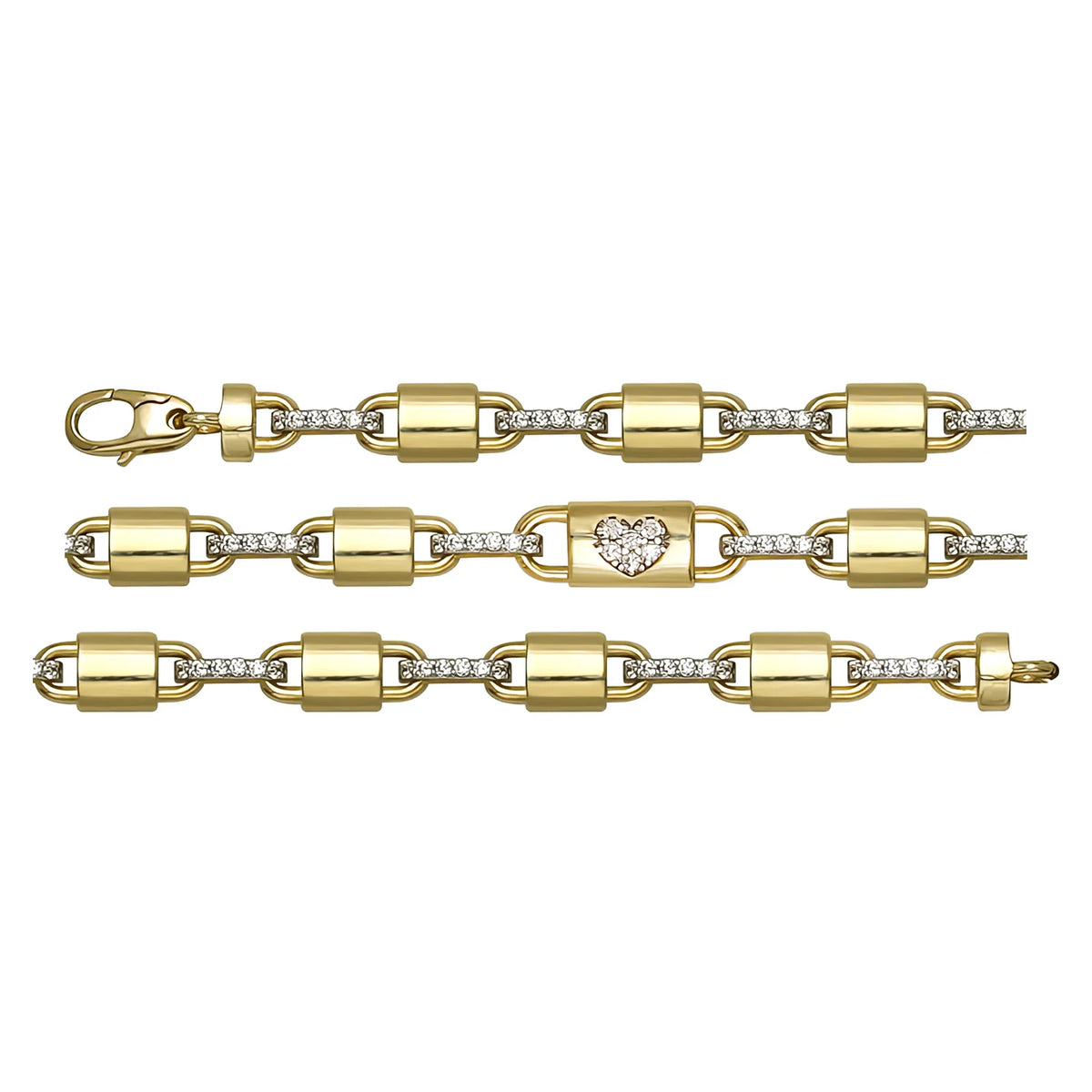 Solid gold fancy link bracelet, 7.15 g — shown in three rows across the frame.