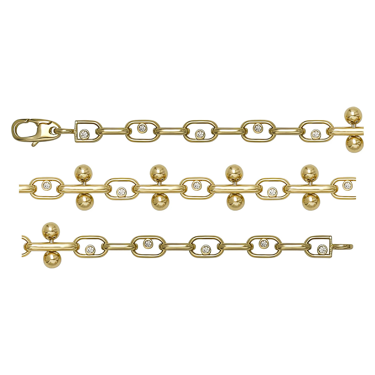 Solid gold fancy link bracelet, 6.90 g — shown in three rows across the frame.