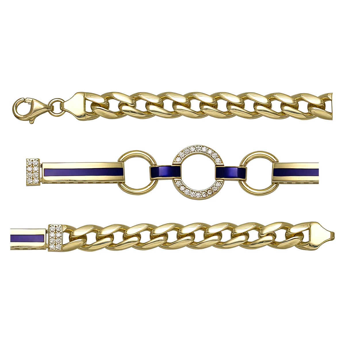 Solid gold fancy link bracelet, 7.40 g — shown in three rows across the frame.