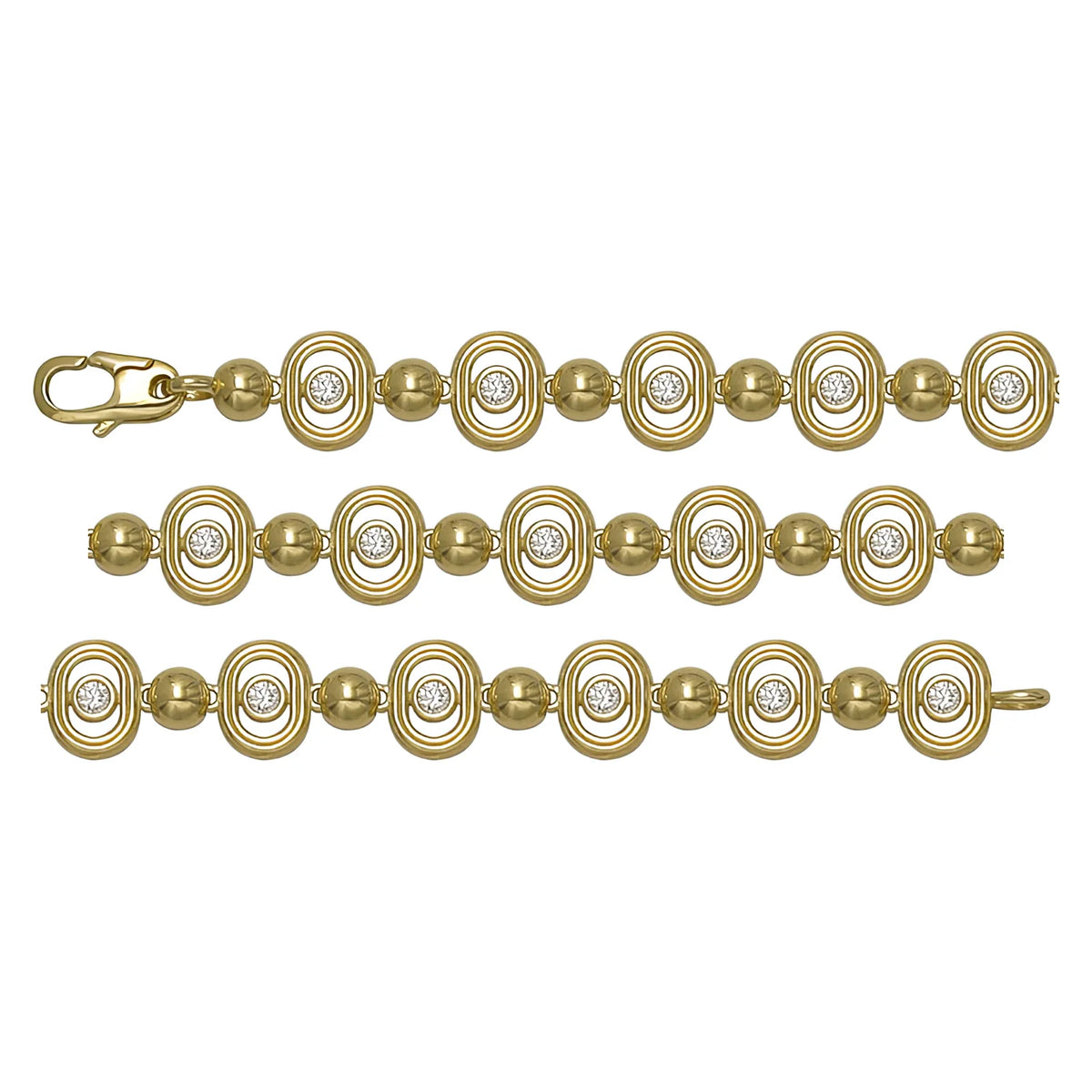 Solid gold fancy link bracelet, 7.65 g — shown in three rows across the frame.