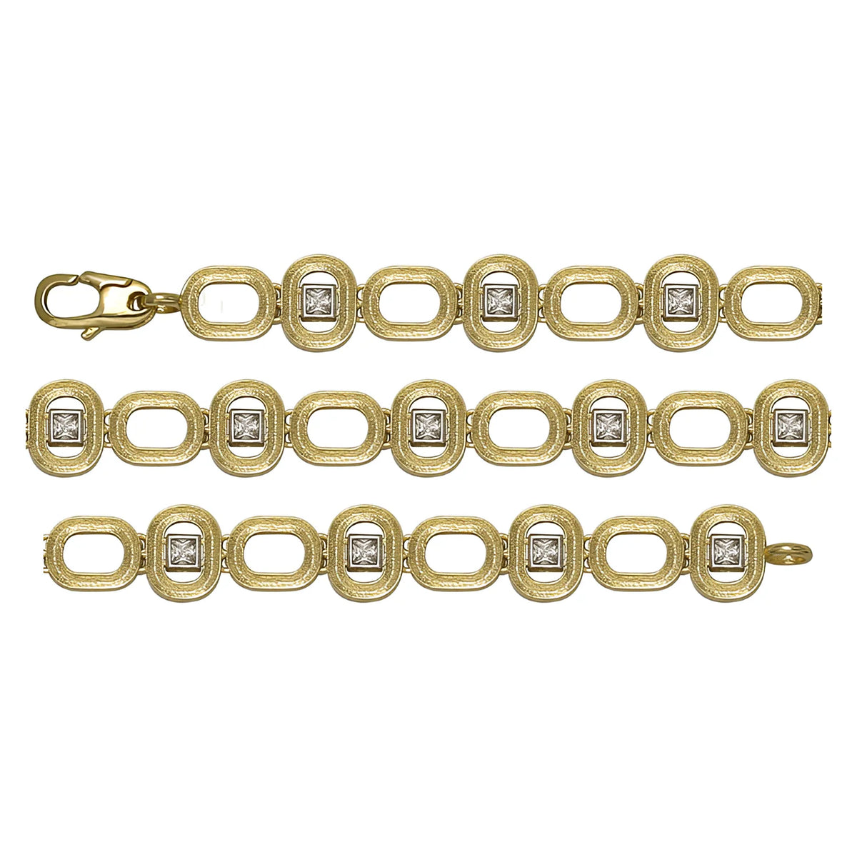 Solid gold fancy link bracelet, 9.15 g — shown in three rows across the frame.